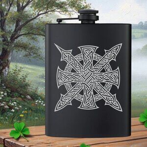 Personalized Irish Celtic Cross Runic Knot Black Flask | Irish | Irish Gifts